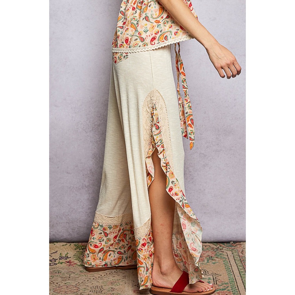 POL Boho Paisley Ruffle Wide Leg Pants Cream Lace Trim Festival Vacation SIZE‎ L - Picture 5 of 6